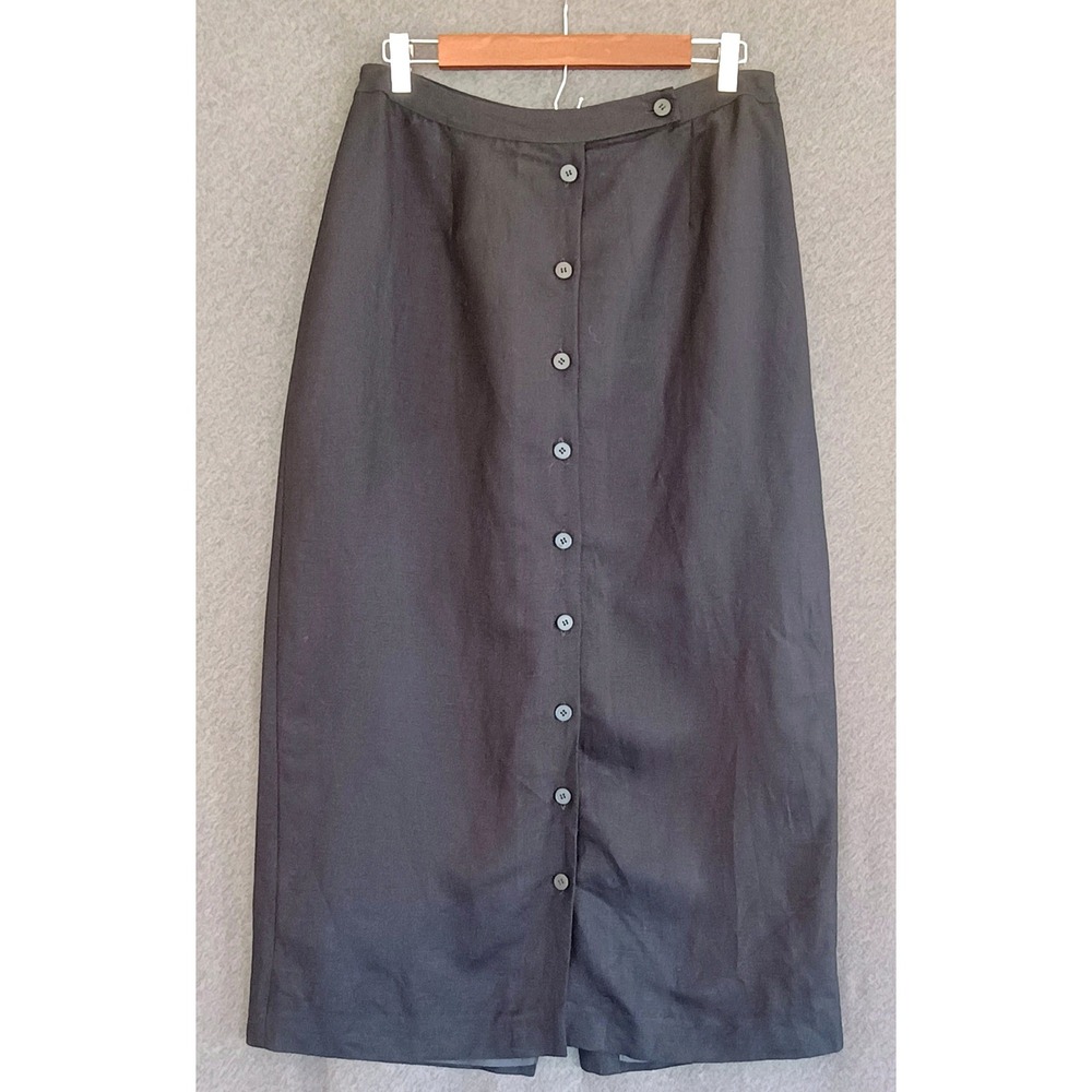 Liz Claiborne Linen Blend Button Front Midi Skirt Black Navy Size 14 Office Work